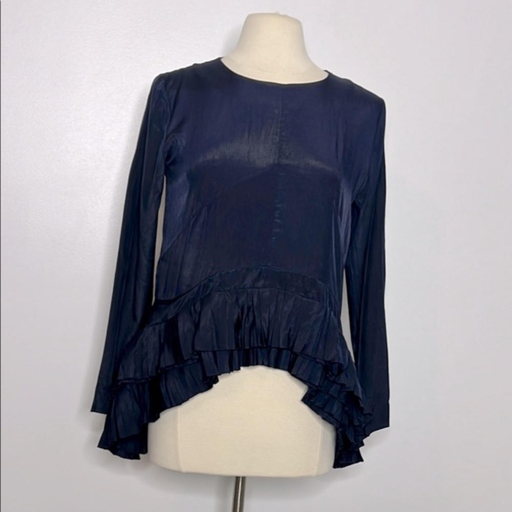 Garcia navy blue ruffle hem long sleeve blouse NWT size Medium